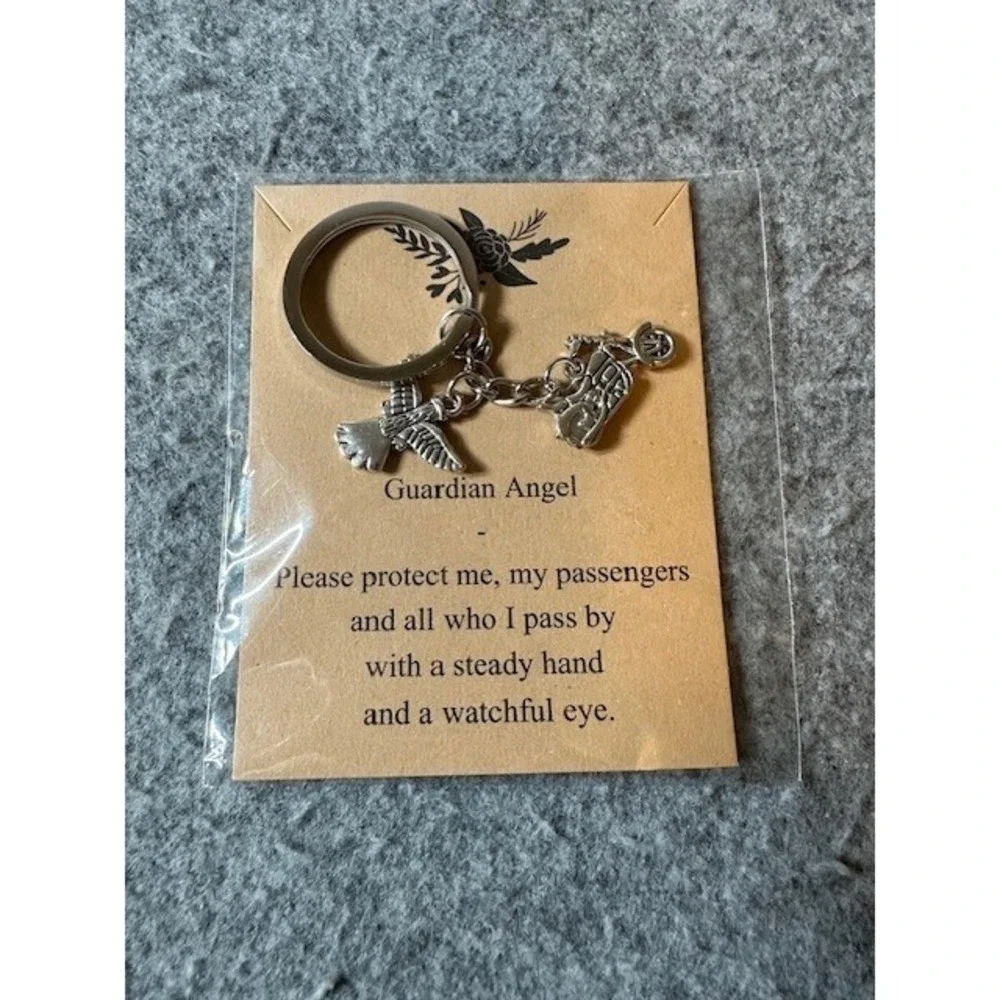 Guardian Angel Motorcycle Keychain Silver Eagle Biker Prayer Safety Charm New